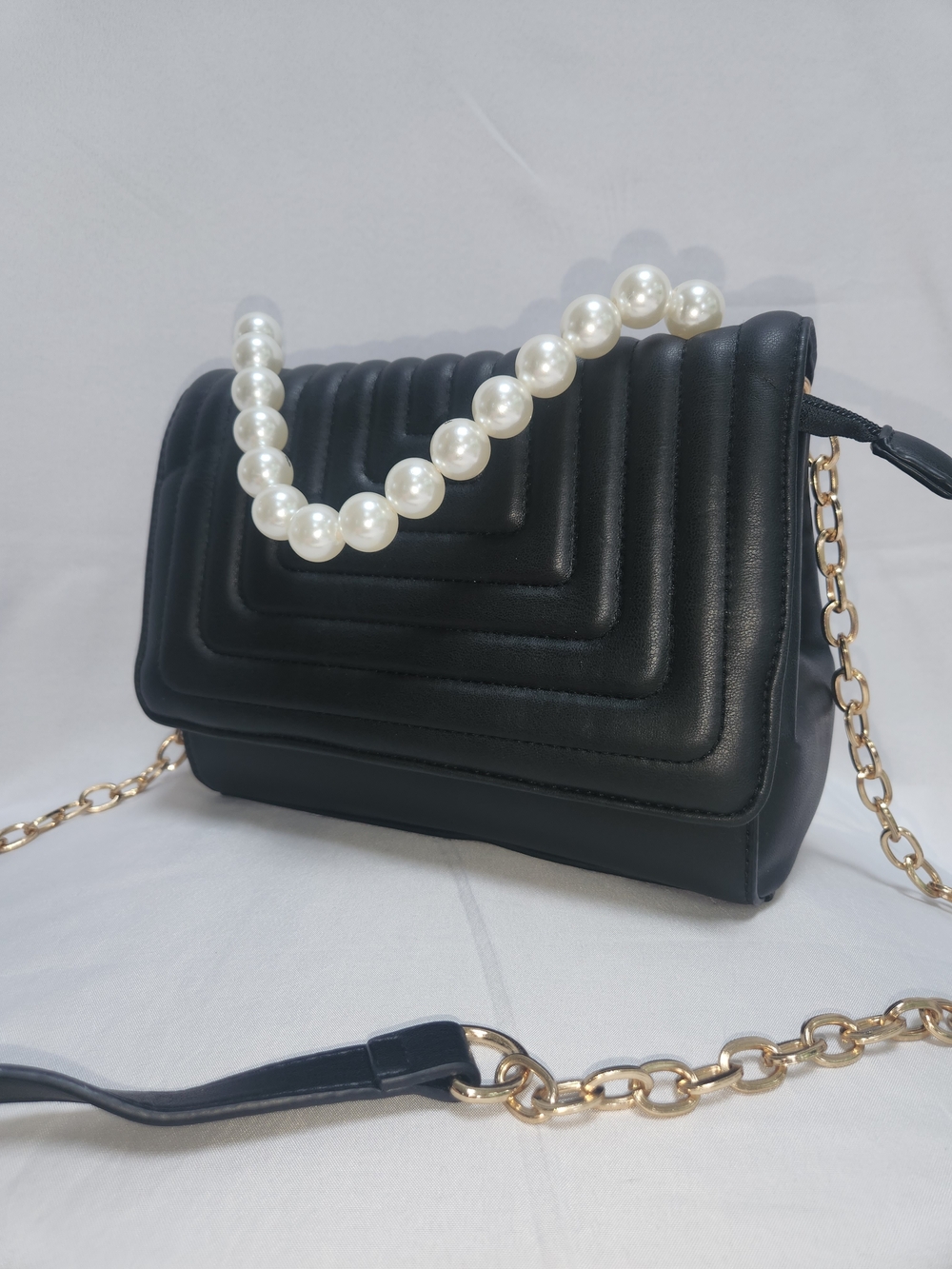 Black Quilted Pearl-Handle Bag With Crossbody Gold Chain Strap